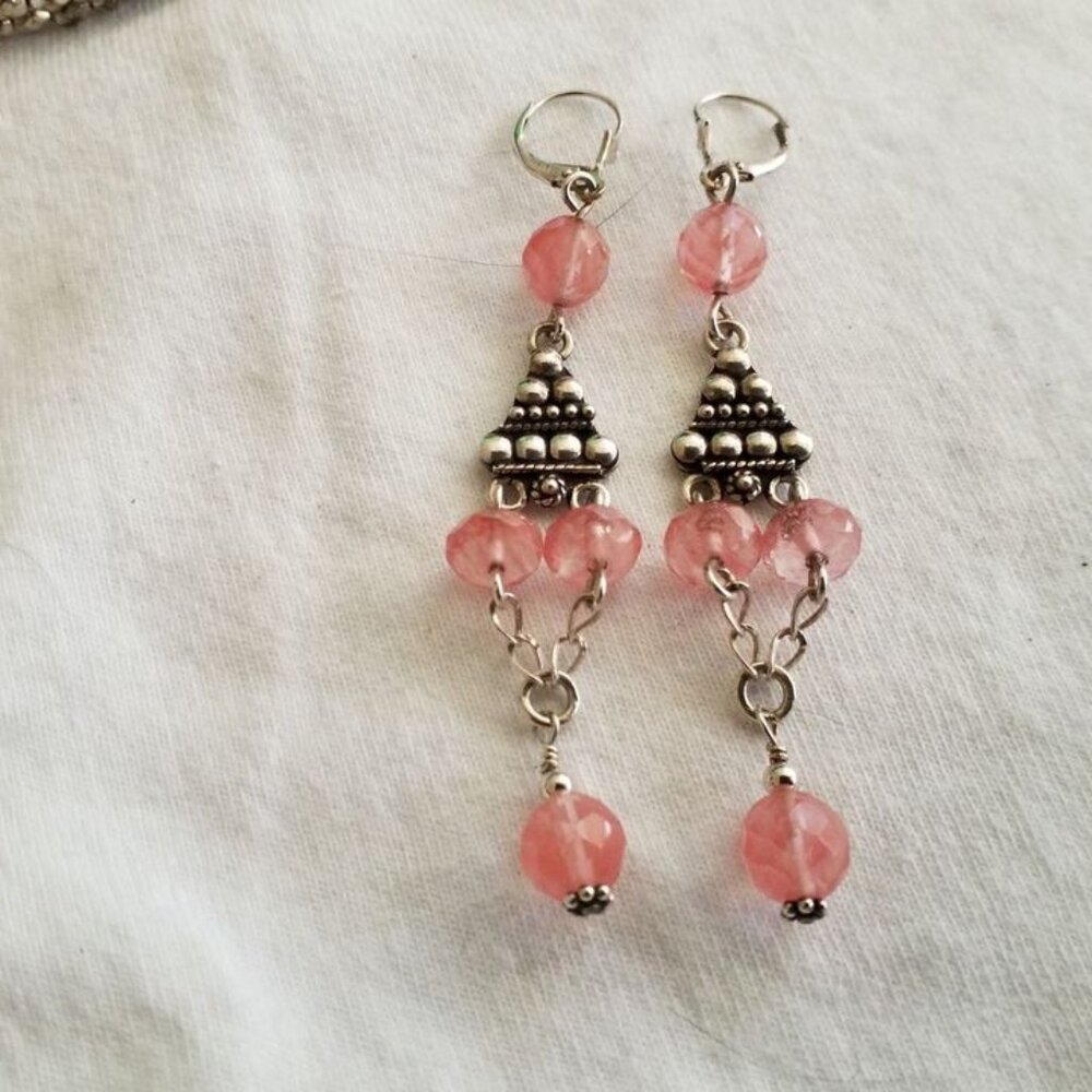 STERLING SILVER & PINK STONES 3" DANGLE PIERCED EARRINGS